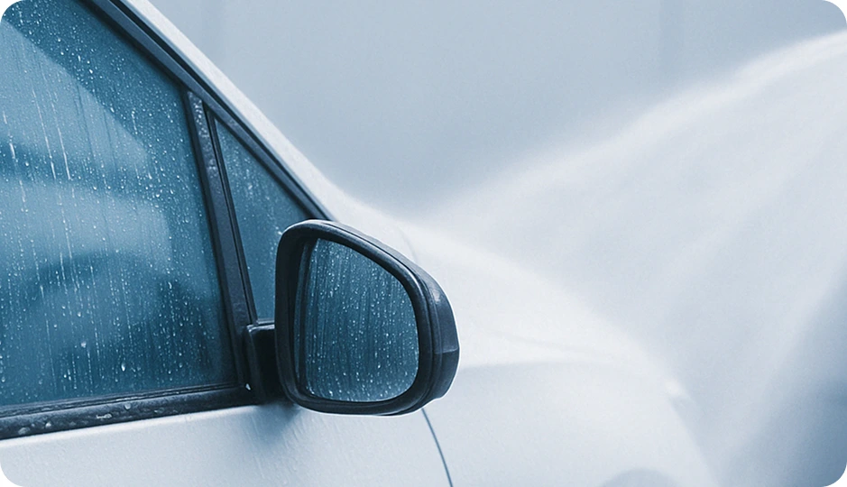 高圧洗浄で洗車される車のサイドミラー部分