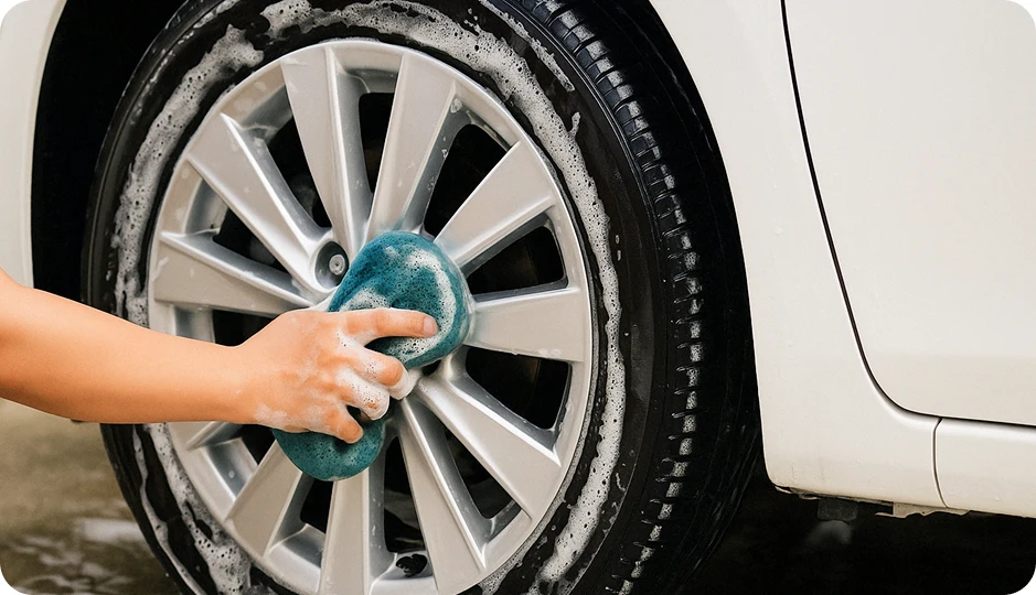 泡立てたスポンジでホイールを丁寧に洗浄する様子