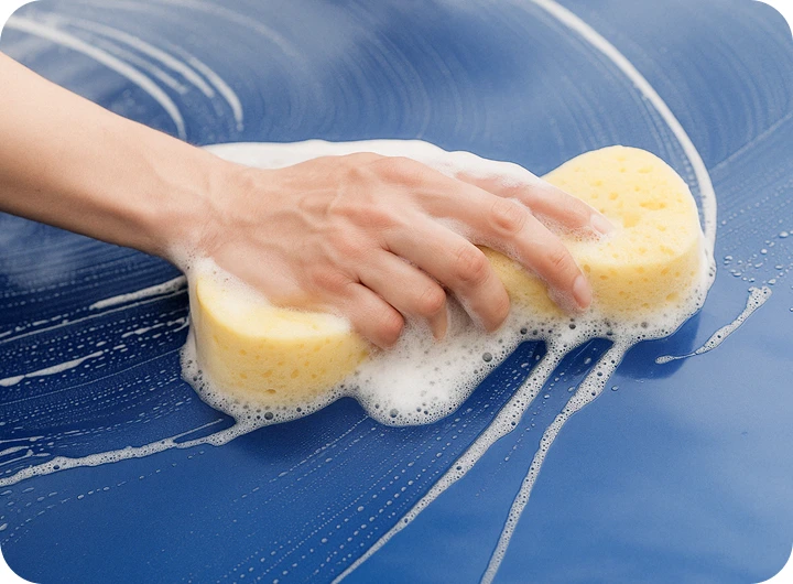 泡立てたスポンジで車のボディを洗浄する様子