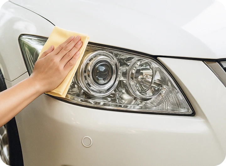 車のヘッドライトをクロスで拭く手元