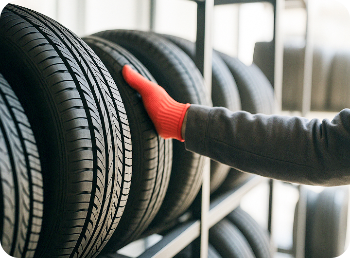 threeColumnsDetails__list__item__image 倉庫に並んだタイヤを確認する手元