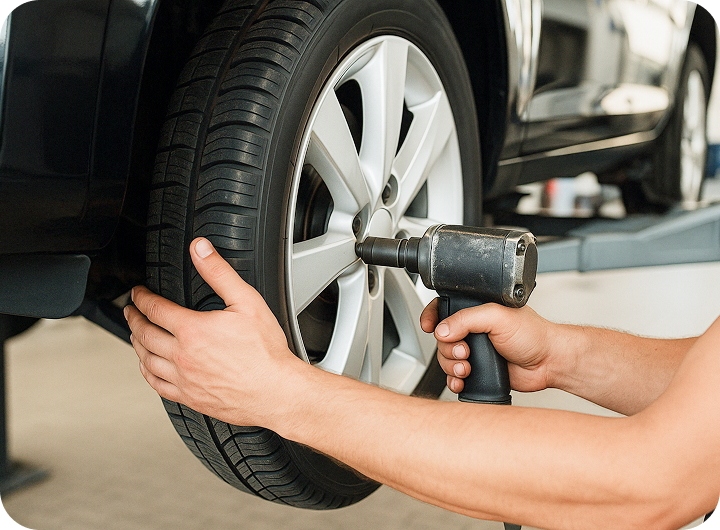 タイヤを取り付ける作業の様子